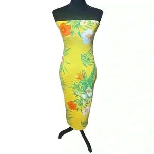 Strapless tropical stretchy dress in orange yellow green & white size large